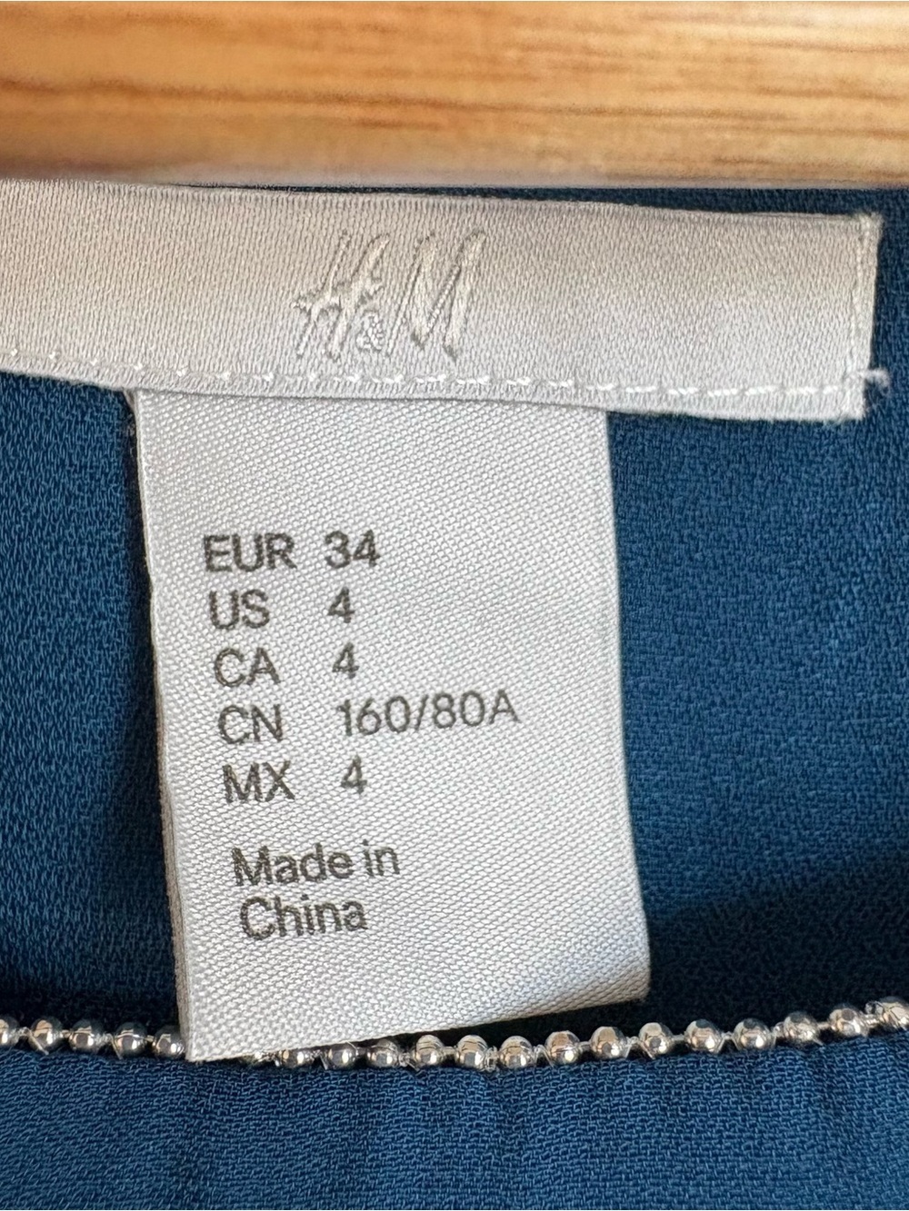 H&M Teal/Blue Dress, Self-Tie Waist, Beaded Neckline/Cuffs, Size 4 - Picture 6 of 8